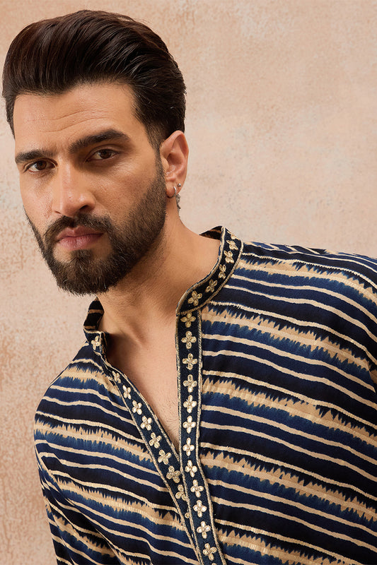 Ethnic Bay Mens Blue Viscose Rayon Leheriya Printed Kurta MKU2759