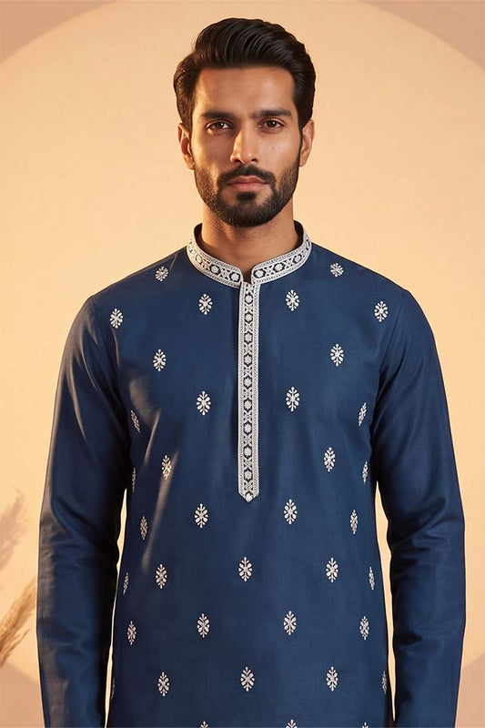 Ethnic Bay Silk Blend Blue Solid Embroidered Calf Length Straight Kurta With Trousers MKSET2274