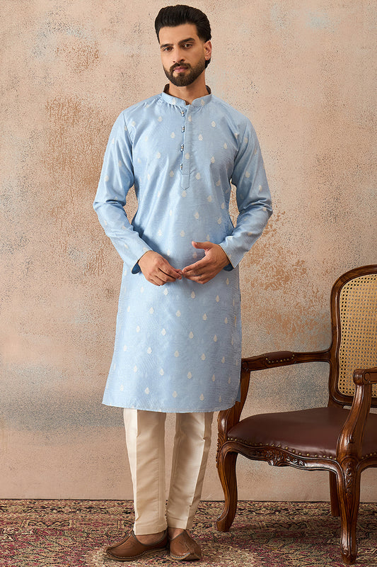 Ethnic Bay Mens Blue Silk Blend Floral Straight Kurta With Trouser MKSET2217