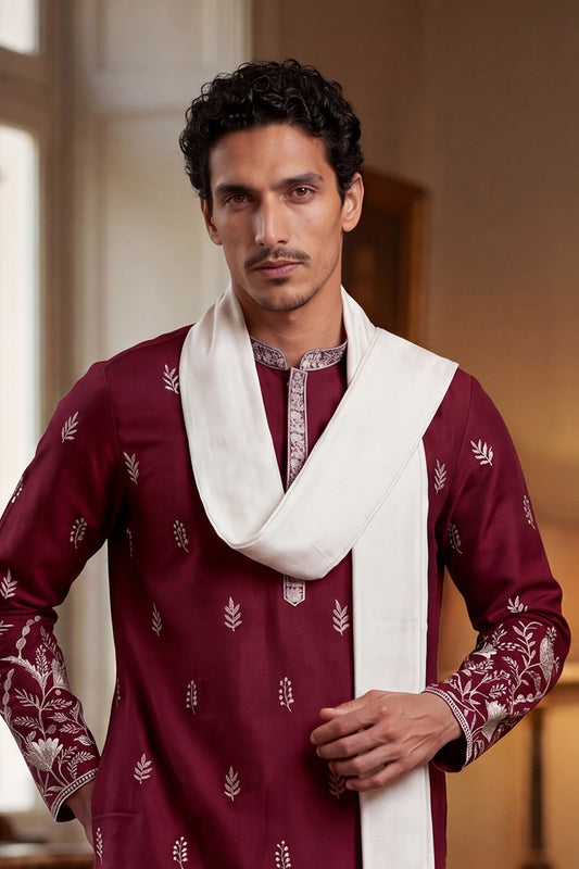 Ethnic Bay Men Maroon Silk Blend Solid Embroidered Straight Kurta with Dupatta MKUD1945