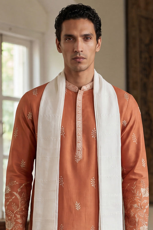Ethnic Bay Men Peach Vartican Solid Embroidered Straight Kurta Sets MKUD1935