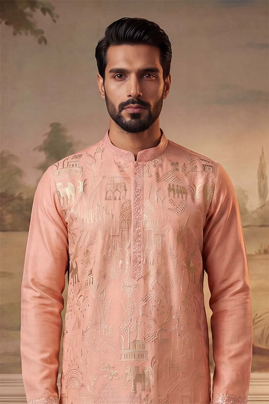 Ethnic Bay Mens Peach Viscose Rayon Solid Embroidered Kurta With Trousers MKSET2092