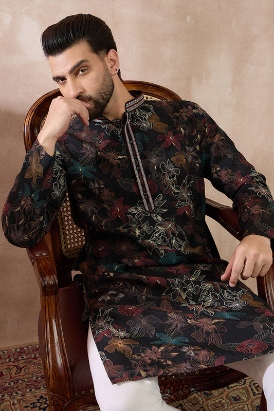 Black Silk Blend Printed Mandarin Collar Straight Kurta With Trouser MKSET1956