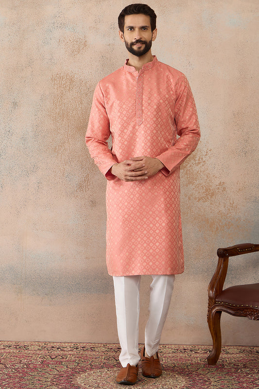 Ethnic Bay Mens Coral Jacquard Ethnic Motifs Embroidered Kurta With Trouser MKSET2491