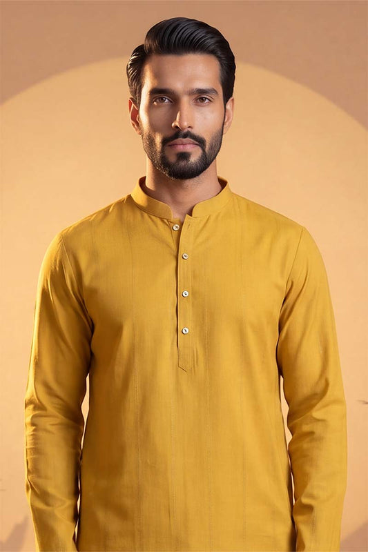 Ethnic Bay Mens Yellow Silk Blend Solid Solid Kurta With Trousers MKSET2222
