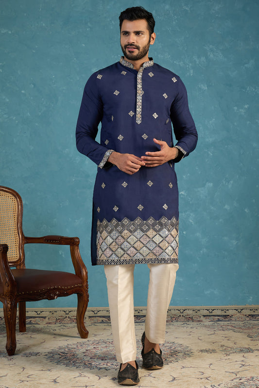 Ethnic Bay Silk Blend Blue Solid Embroidered Calf Length Straight Kurta MKU2099
