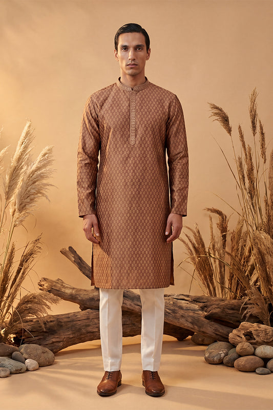 Ethnic Bay Mens Brown Jacquard Woven Design Straight Kurta MKU2343