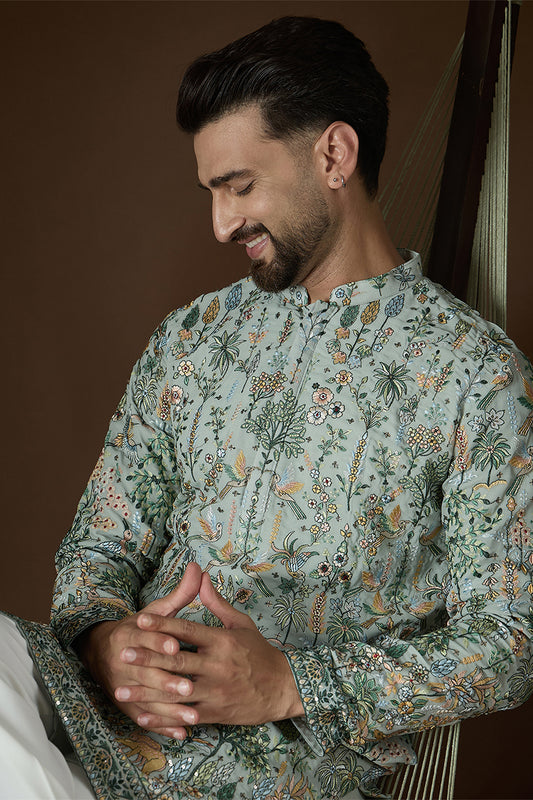 Ethnic Bay Sea Green Georgette Solid Embroidered Kurta With Trouser MKSET2729