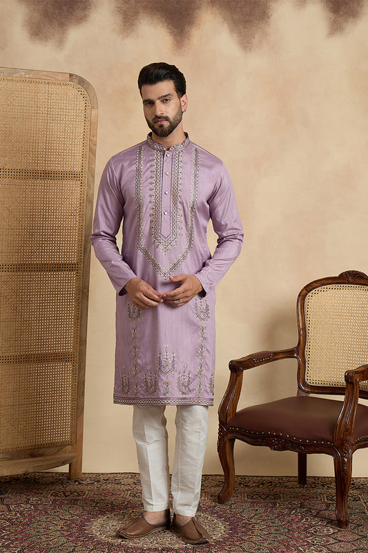 Ethnic Bay Mens Lavender Silk Blend Solid Embroidered Straight Kurta MKU2527