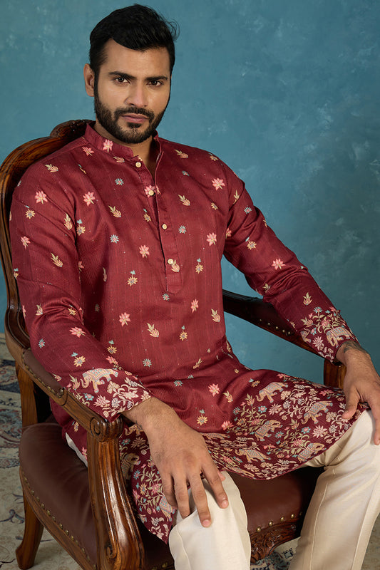 Ethnic Bay Mens Maroon Silk Blend Woven Design Calf Length Straight Regular Kurta With Trouser MKSET2368
