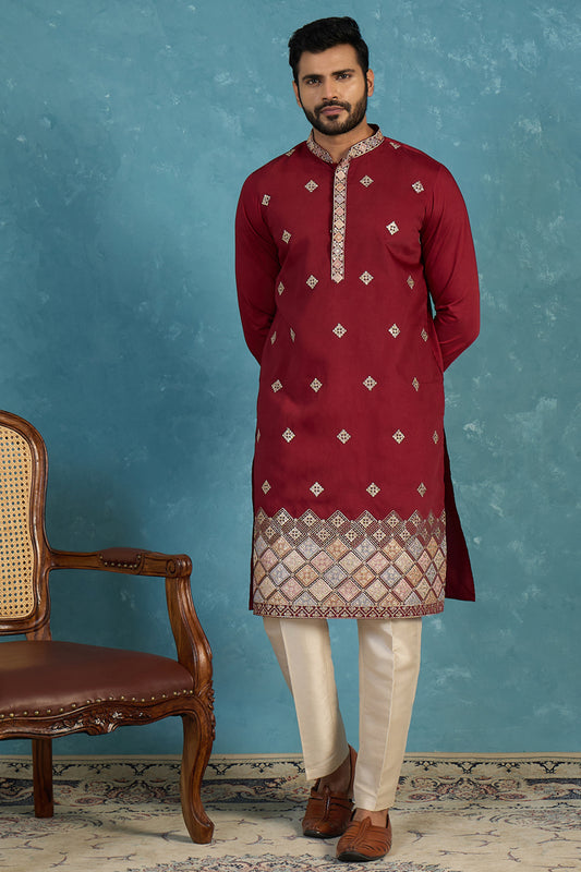 Ethnic Bay Silk Blend Maroon Solid Embroidered Calf Length Straight Kurta MKU2100