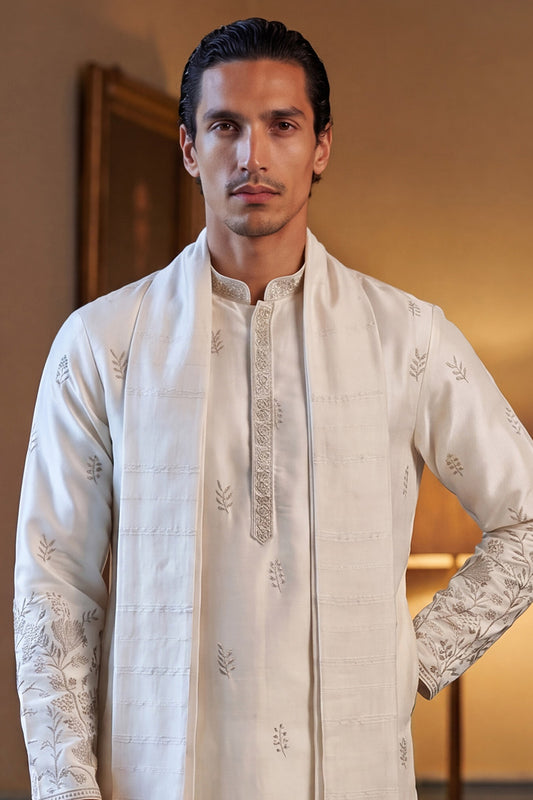 Ethnic Bay Men White Silk Blend Floral Embroidered Straight Kurta Trouser with Dupatta MKPD1784