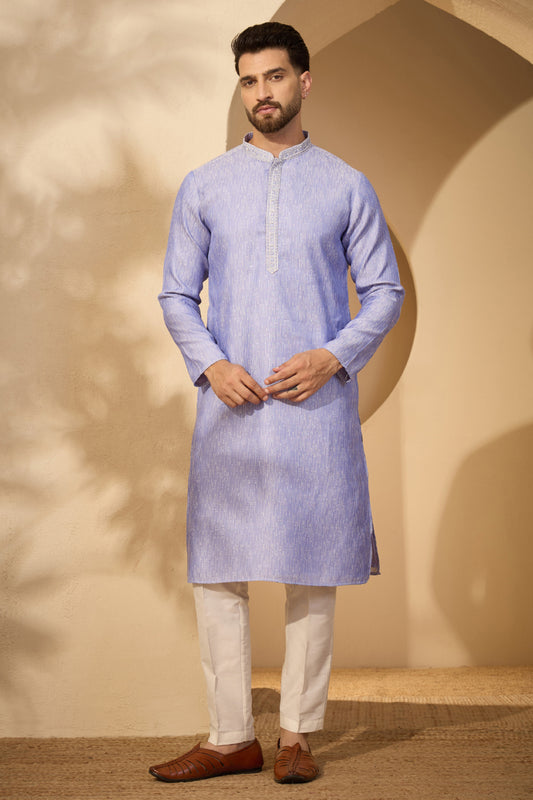 Ethnic Bay Blue Jacquard Woven Design Mandarin Collar Kurta With Trouser MKSET2777