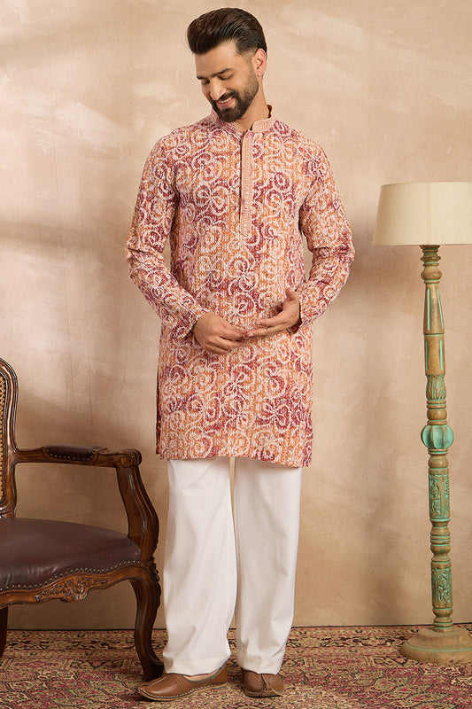 Orange Viscose Rayon Batik Embroidered Straight Kurta MKU1719