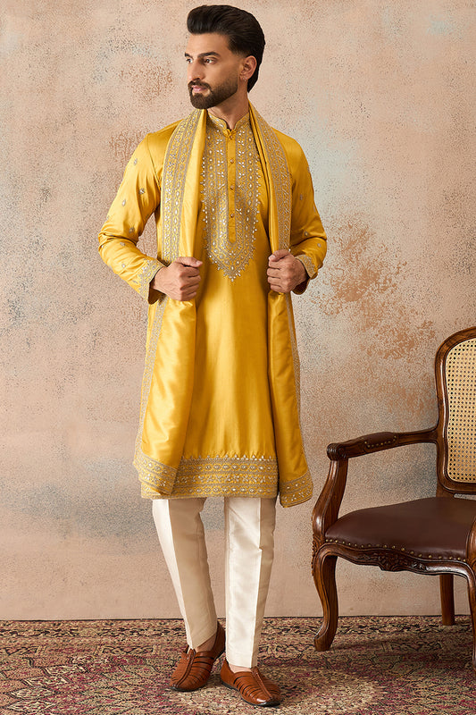Ethnic Bay Mens Yellow Silk Blend Solid Embroidered Kurta And Trouser With Dupatta MKPD1026