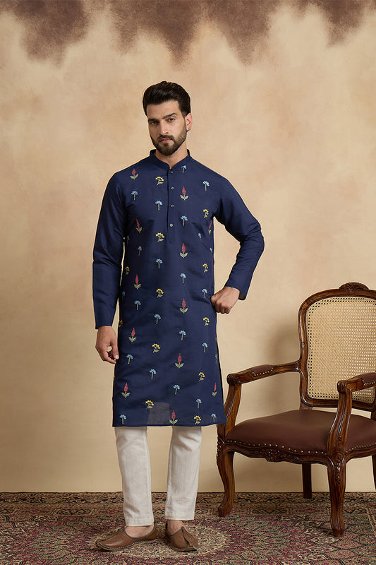 Ethnic Bay Mens Navy Blue Silk Blend Solid Embroidered Thread Work Kurta MKU2468