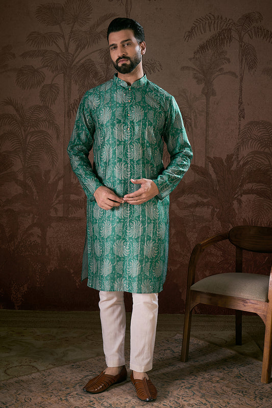 Teal Silk Blend Floral Printed Straight Kurta With Trouser MKSET1971