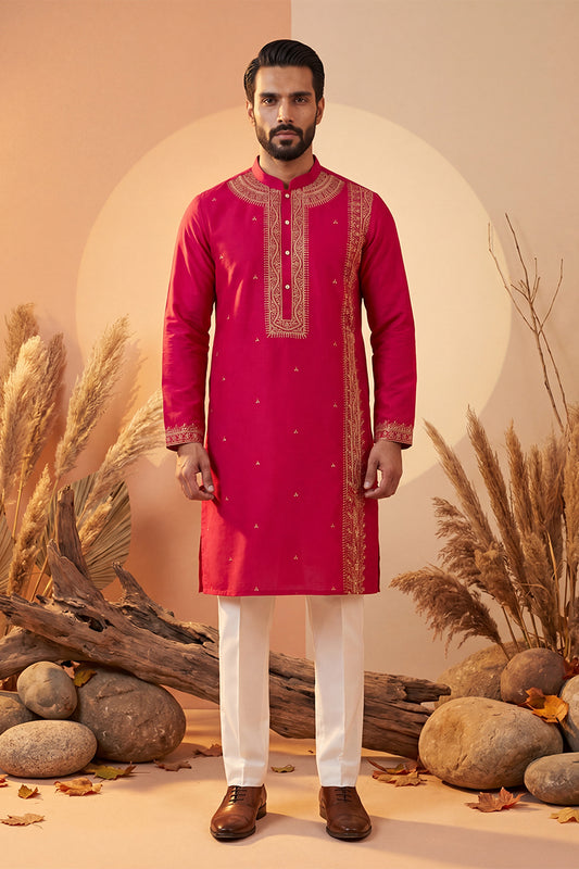 Ethnic Bay Mens Pink Silk Blend Solid Emboidered Straight Kurta MKU2315