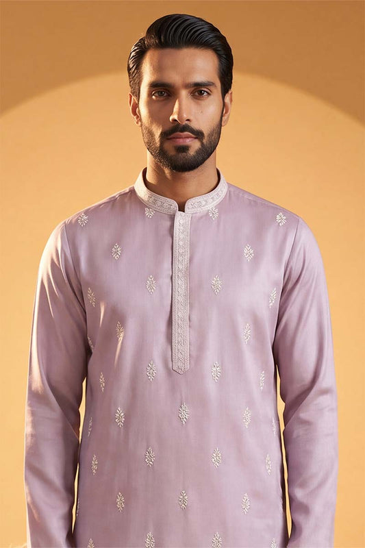 Ethnic Bay Mens Lavender Silk Blend Solid Embroidered Kurta MKU2269