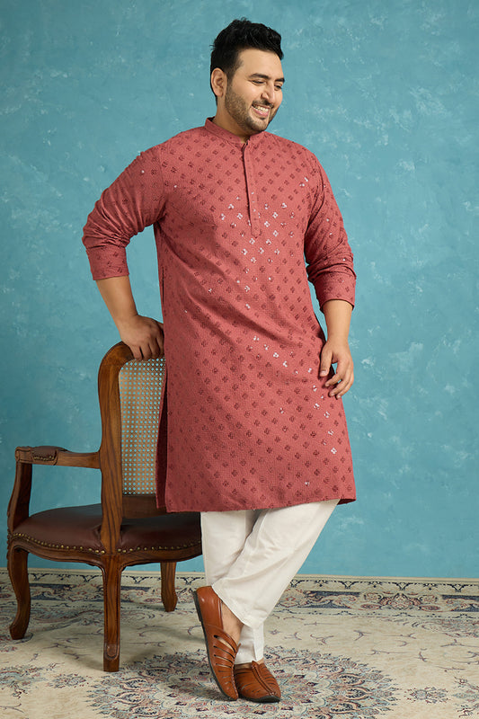 Ethnic Bay Mens Red Viscose Rayon Solid Chikankari Embroidered Kurta MKU1057