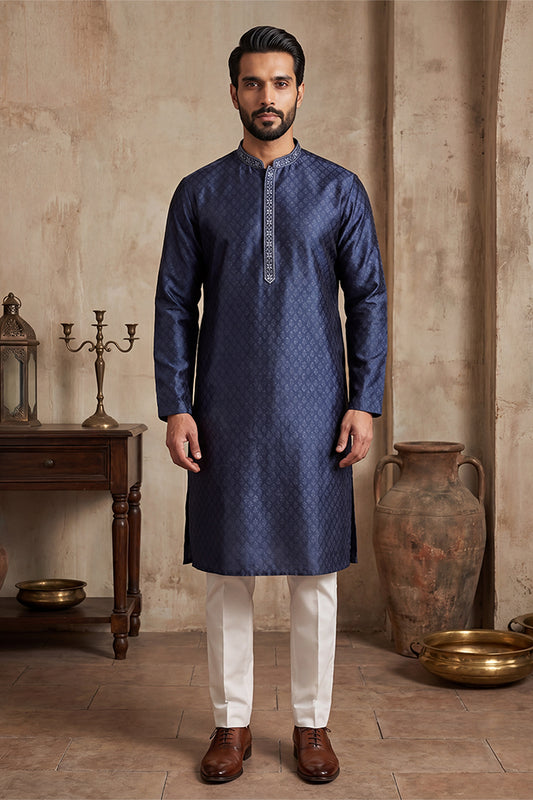 Ethnic Bay Mens Blue Jacquard Woven Design Straight Kurta With Trouser MKSET2227