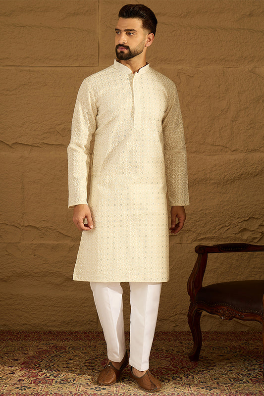 Off White Cotton Solid Printed Straight Kurta with Trouser MKSET1701
