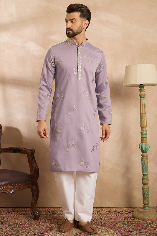 Lavender Silk Blend Solid Embroidered Straight Kurta MKU1815
