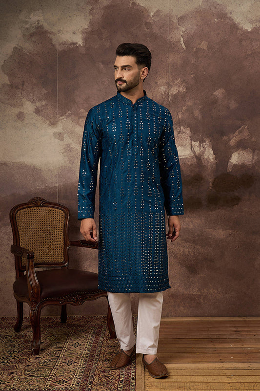 Blue Silk Blend Solid Embroidered Straight Kurta With Pant Set MKSET1358
