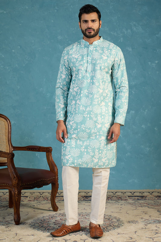 Ethnic Bay Mens Teal Viscose Rayon Embroidered Calf Length Straight Regular Kurta With Trouser MKSET1765