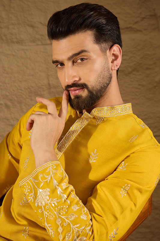 Yellow Vertican Solid Embroidered Straight Kurta MKU1314