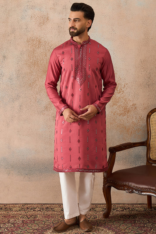 Ethnic Bay Mens Pink Silk Blend Solid Embroidered Sequins Kurta MKU2259
