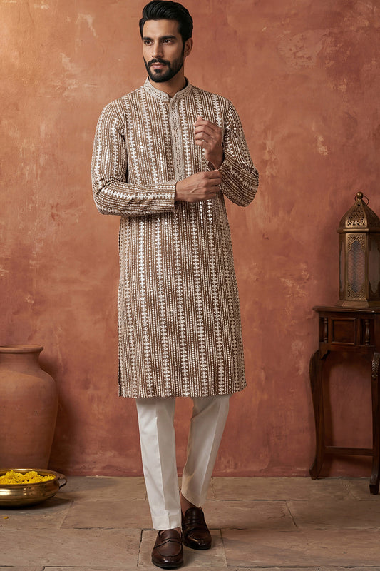 Ethnic Bay Brown Rayon Blend Embroidered Straight Kurta With Trousers MKSET2178