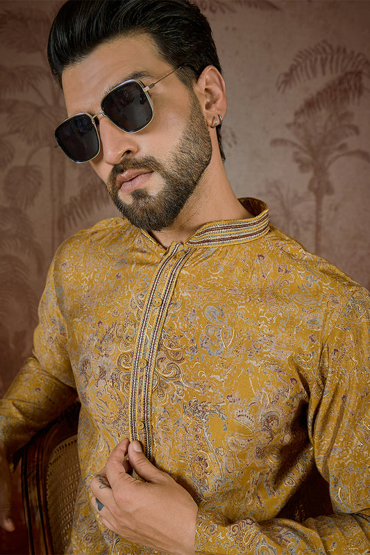 Ethnic Bay Men Mustard Silk Blend Ethnic Motifs Embroidered Kurta With Trouser MKSET2534