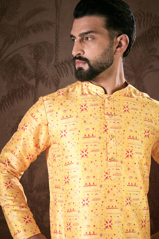Yellow Silk Blend Ethnic Motifs Printed Straight Kurta With Trouser MKSET1936