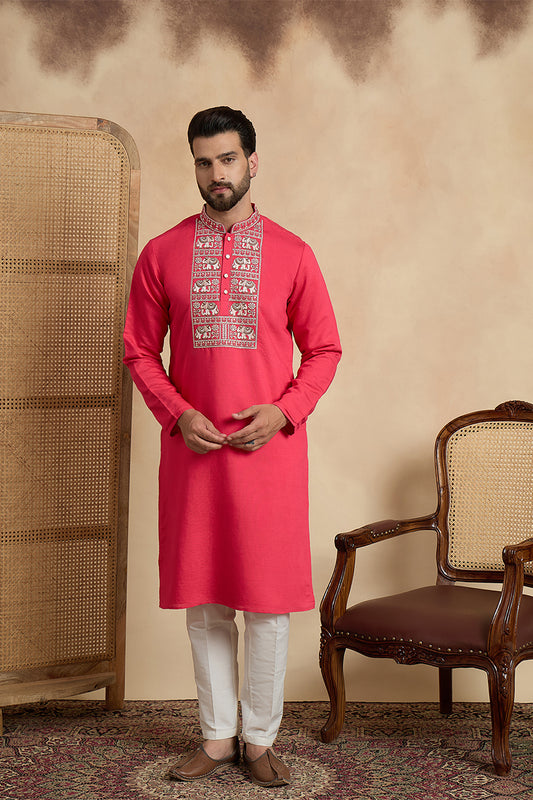 Ethnic Bay Mens Pink Viscose Rayon Solid Embroidered Thread Work Kurta With Trouser MKSET2459