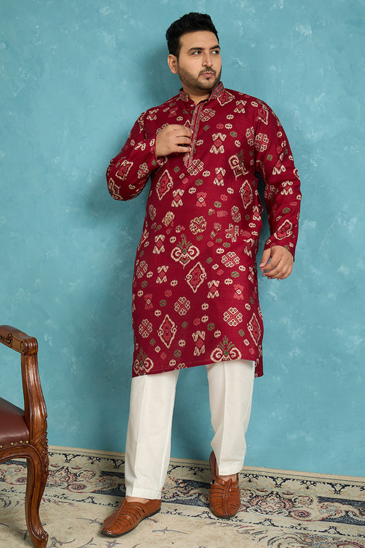 Ethnic Bay Mens Red Silk Blend Abstract Printed Kurta MKU1988