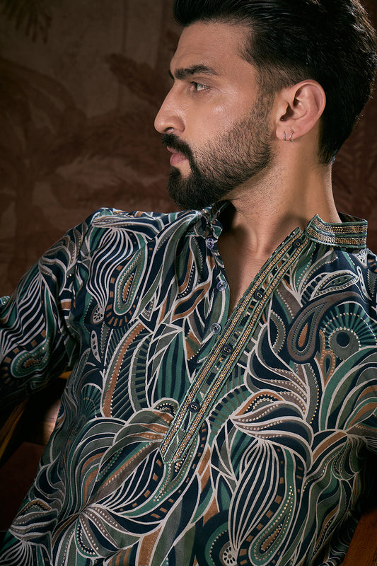 Navy Blue Silk Blend Abstract Printed Straight Kurta With Trouser MKSET1958