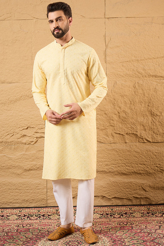 Yellow Rayon Blend Solid Embroidered Straight Kurta