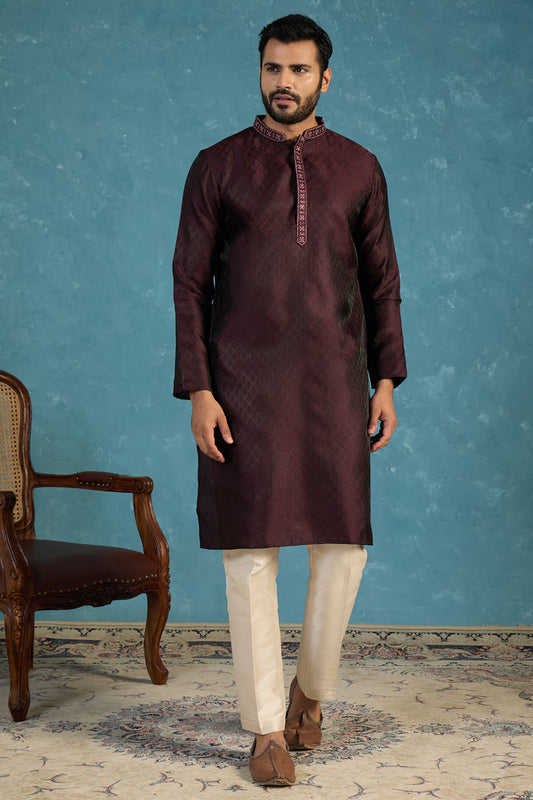 Ethnic Bay Mens Purple Silk Blend Woven Design Straight Kurta MKU1835