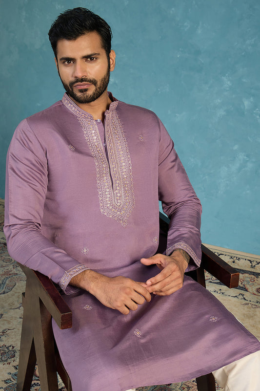 Ethnic Bay Mens Lavender Silk Blend Solid Emboidered Sequins Kurta MKU2277