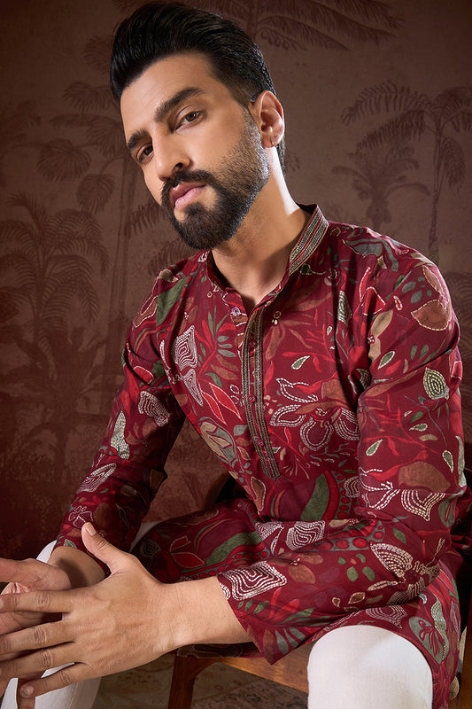 Maroon Silk Blend Floral Printed Straight Kurta With Trouser MKSET1963