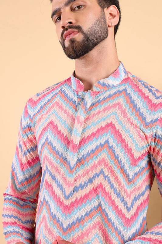 Ethnic Bay Pink Viscose Rayon Ikat Embroidered Straight Kurta For Men MKU1008PNK