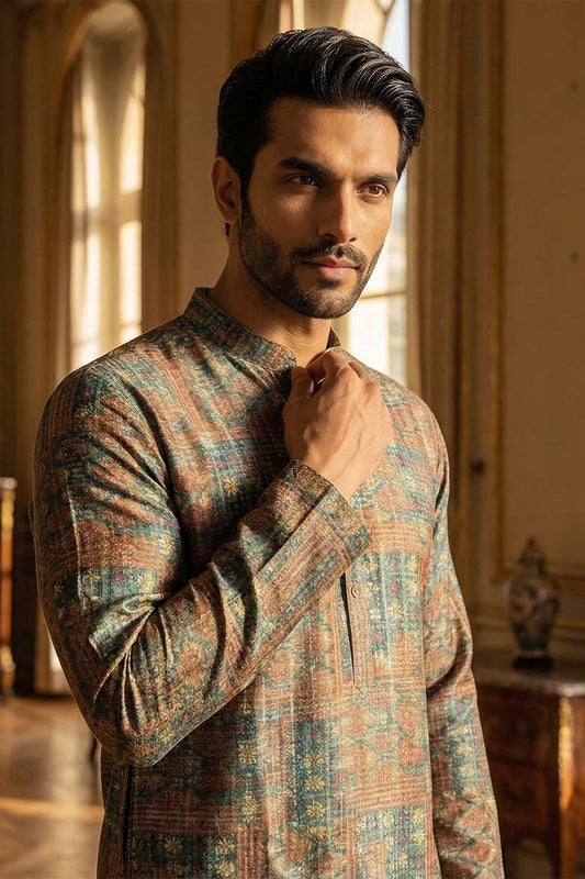 Ethnic Bay Blue Silk Blend Printed Straight Kurta MKU1934