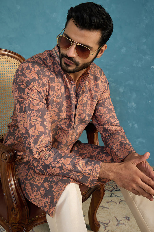 Ethnic Bay Mens Grey Modal Floral Printed Calf Length Straight Regular Kurta With Trouser MKSET1980