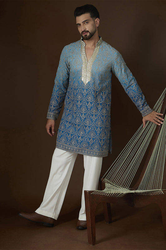Ethnic Bay Blue Georgette Ethnic Motifs Embroidered Mandarin Collar Kurta MKU2586