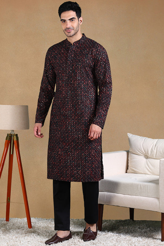 Ethnic Bay Black Viscose Rayon Ethnic Motifs Embroidered Straight Kurta For Men MKU1013BLK
