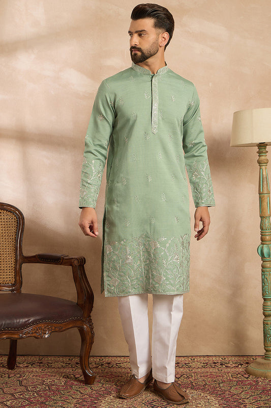 Green Silk Blend Solid Embroidered Straight Kurta With Trouser MKSET1783