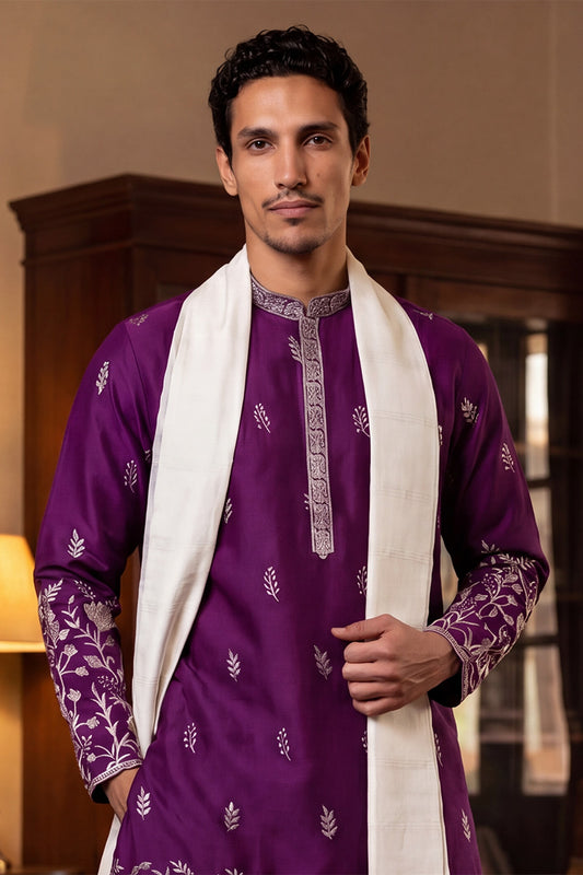 Ethnic Bay Men Purple Silk Blend Solid Embroidered Straight Kurta Trouser with Dupatta MKPD1944