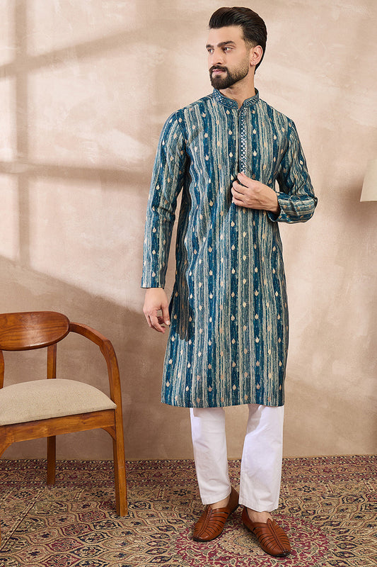 Turquoise Blue Silk Blend Abstract Printed Straight Kurta MKU2005