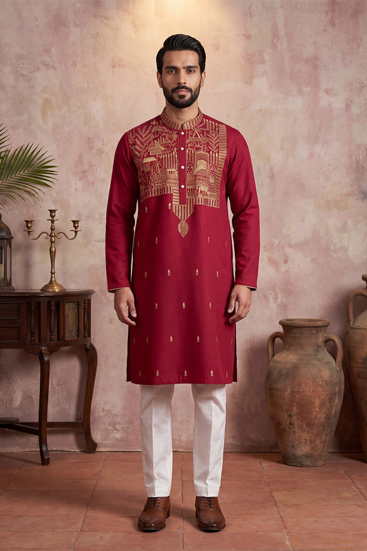 Ethnic Bay Mens Red Silk Blend Solid Emboidered Straight Kurta MKU2375